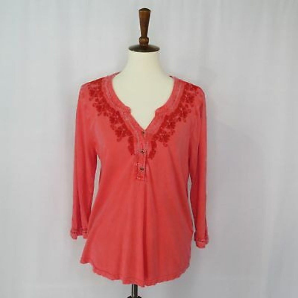 Lucky Brand Boho Top Coral Emboroidered Shirt